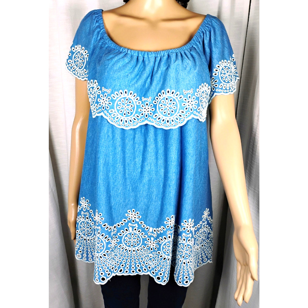 Fever Blue Stretch Knit Eyelet Empire Waist Top On Off Shoulder Boho Cottagecore